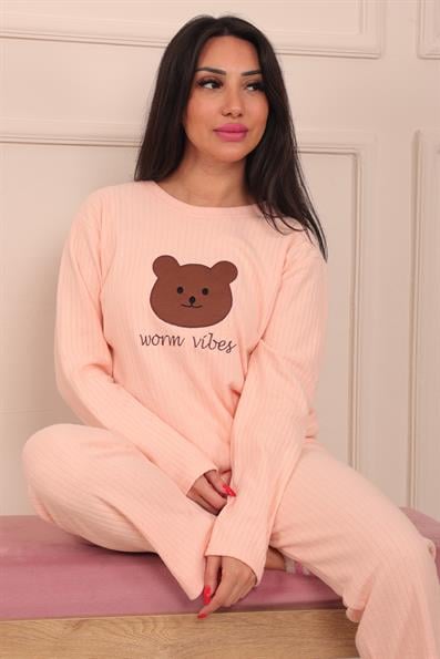 Kadın Ayıcık İşlemeli ve Fitilli Bisiklet Yaka Uzun Kol Altı Uzun Pamuklu Pijama Takımı