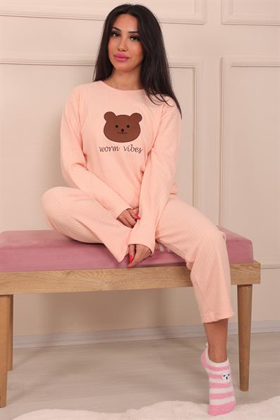 Kadın Ayıcık İşlemeli ve Fitilli Bisiklet Yaka Uzun Kol Altı Uzun Pamuklu Pijama Takımı