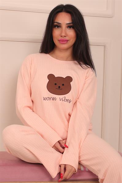 Kadın Ayıcık İşlemeli ve Fitilli Bisiklet Yaka Uzun Kol Altı Uzun Pamuklu Pijama Takımı
