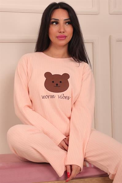 Kadın Ayıcık İşlemeli ve Fitilli Bisiklet Yaka Uzun Kol Altı Uzun Pamuklu Pijama Takımı