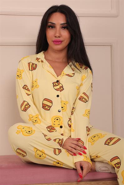 Kadın Ayıcık ve Bal Kavanozu Desenli Önü Düğmeli Uzun Kol Altı Uzun Milan Kumaş Pijama Takımı