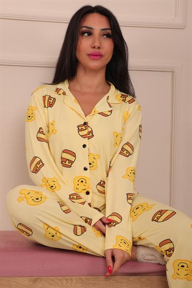 Kadın Ayıcık ve Bal Kavanozu Desenli Önü Düğmeli Uzun Kol Altı Uzun Milan Kumaş Pijama Takımı