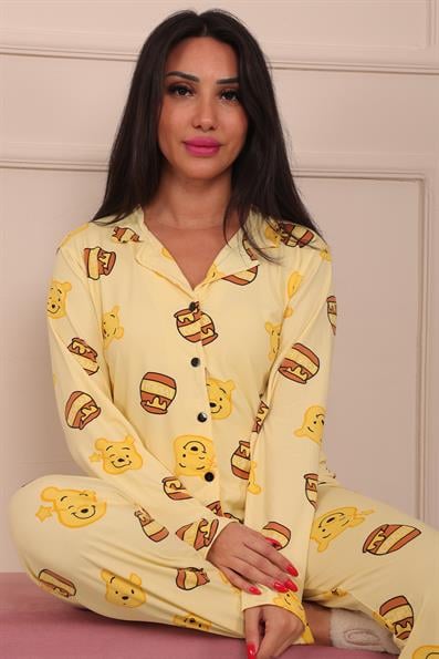 Kadın Ayıcık ve Bal Kavanozu Desenli Önü Düğmeli Uzun Kol Altı Uzun Milan Kumaş Pijama Takımı