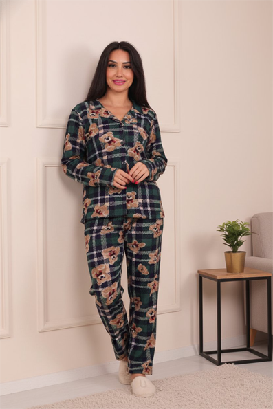 Kadın Ayıcık ve Ekose Desenli Desenli Önü Düğmeli Süet Pijama Takımı