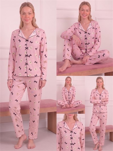 Kadın Ayıcık ve Kurdele Desenli Yarasa Yaka Uzun Kol Altı Uzun Kaşkorse Pijama Takımı