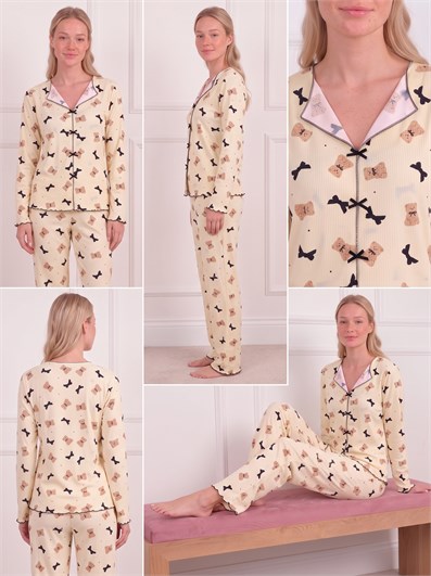Kadın Ayıcık ve Kurdele Desenli Yarasa Yaka Uzun Kol Altı Uzun Kaşkorse Pijama Takımı