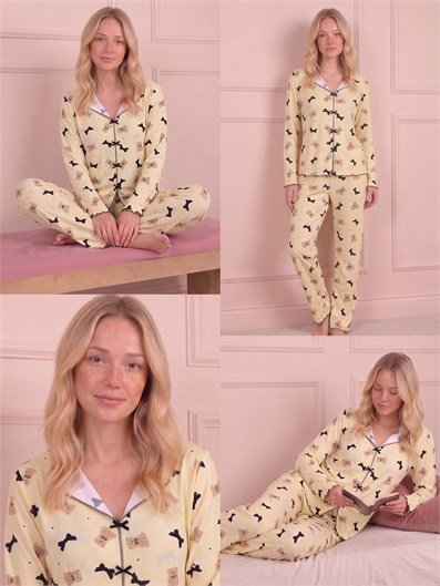 Kadın Ayıcık ve Kurdele Desenli Yarasa Yaka Uzun Kol Altı Uzun Kaşkorse Pijama Takımı