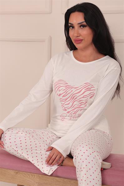 Kadın Be Positive Sloganlı Bisiklet Yaka Uzun Kol Altı Uzun Penye Pijama Takımı