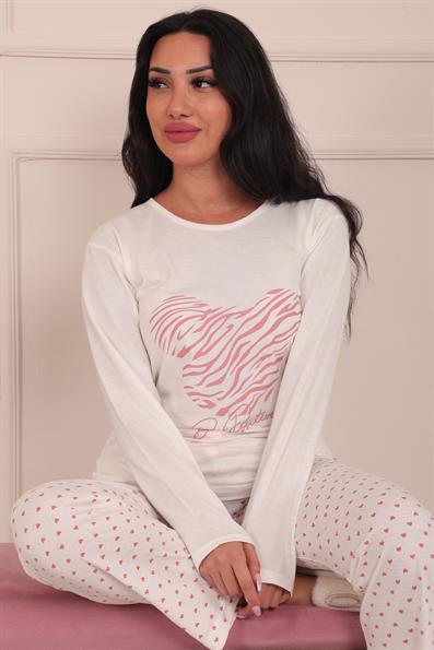 Kadın Be Positive Sloganlı Bisiklet Yaka Uzun Kol Altı Uzun Penye Pijama Takımı