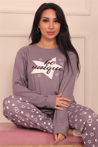 Kadın Be Unique Sloganlı ve Altı Yıldız Desenli Termal Pijama Takımı