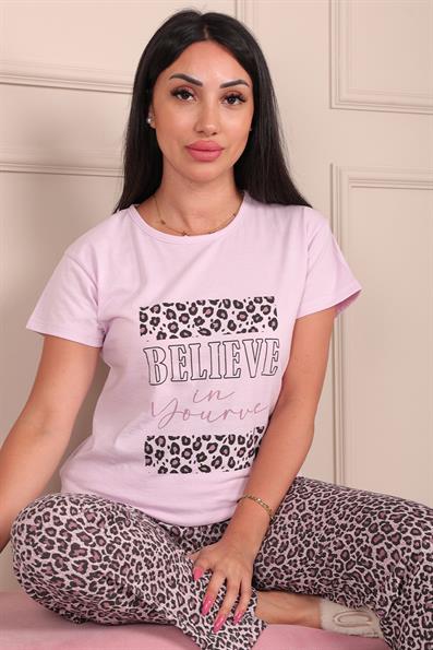 Kadın Believe SloganlıLeopar Desenli Kısa Kol Altı Uzun Penye Pijama Takımı Lila