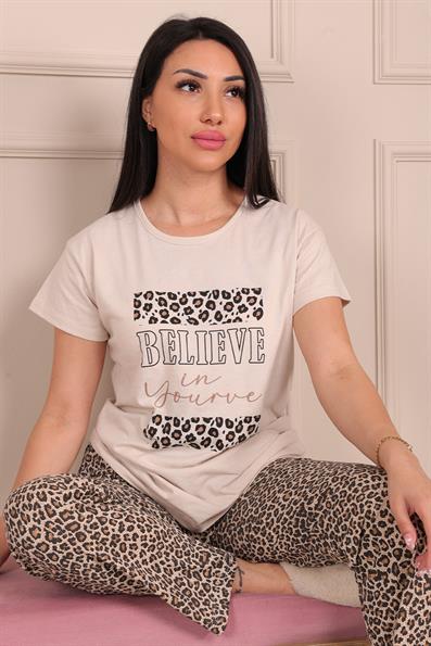 Kadın Believe SloganlıLeopar Desenli Kısa Kol Altı Uzun Penye Pijama Takımı LEOPAR