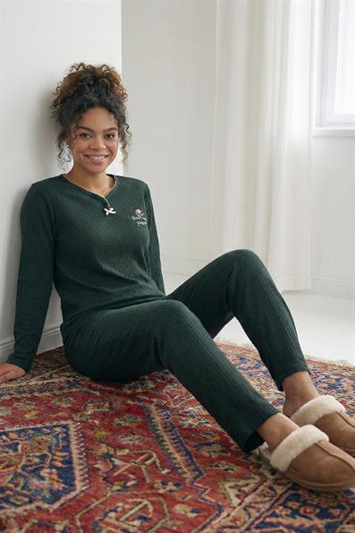 Kadın Bem Me Quero İşlemeli ve Fitilli Armut Yaka Uzun Kol Altı Uzun Pamuklu Pijama Takımı