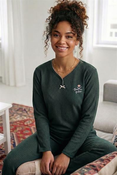 Kadın Bem Me Quero İşlemeli ve Fitilli Armut Yaka Uzun Kol Altı Uzun Pamuklu Pijama Takımı