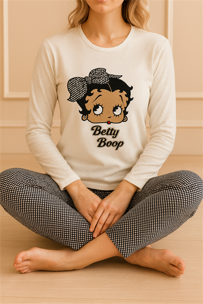 Kadın Betty Boop Baskılı ve  Sloganlı  Altı  Desenli Bisiklet Yaka Uzun Kol Altı Uzun Penye Pijama Takımı