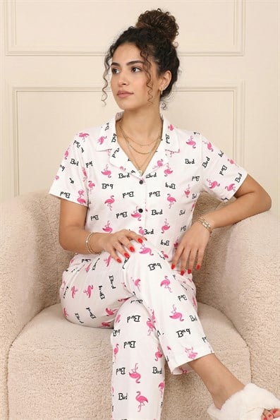 Kadın Bird Sloganlı ve Desenli Gömlek Yaka Kısa Kol Altı Uzun Serin Tutan Milan Kumaş Pijama Takımı