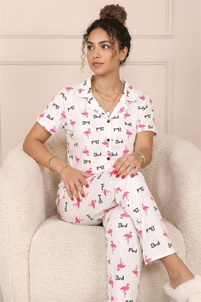 Kadın Bird Sloganlı ve Desenli Gömlek Yaka Kısa Kol Altı Uzun Serin Tutan Milan Kumaş Pijama Takımı