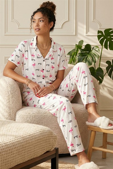 Kadın Bird Sloganlı ve Desenli Gömlek Yaka Kısa Kol Altı Uzun Serin Tutan Milan Kumaş Pijama Takımı