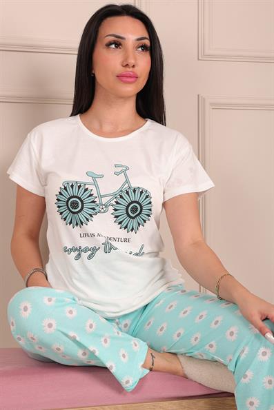 Kadın Bisiklet Baskılı Bisiklet Yaka Kısa Kol Altı Uzun Penye Pijama Takımı