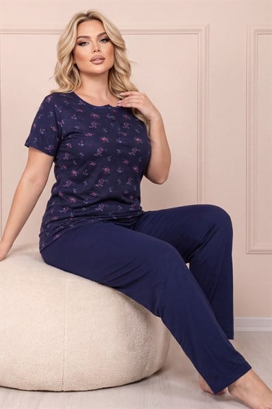 Kadın Bisiklet Yaka Kısa Kol Çiçek Desen  Altı Uzun  Serin Tutan Viskon Kumaş Pijama Takımı