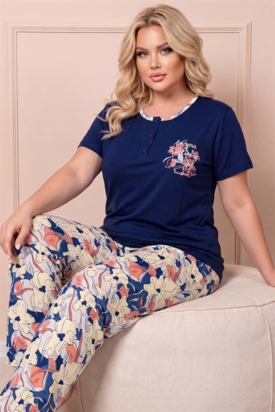 Kadın Bisiklet Yaka Kısa Kol Göğsü Desen Çiçek Baskılı Altı Uzun  Serin Tutan Viskon Kumaş Pijama Takımı