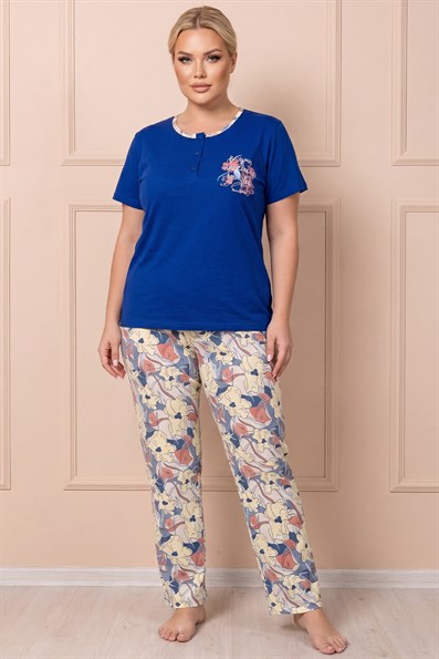 Kadın Bisiklet Yaka Kısa Kol Göğsü Desen Çiçek Baskılı Altı Uzun  Serin Tutan Viskon Kumaş Pijama Takımı