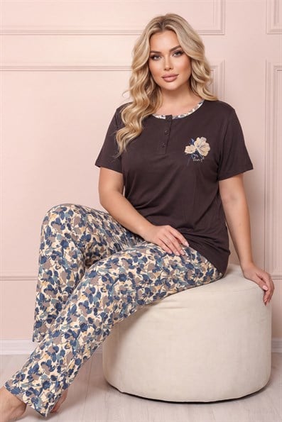 Kadın Bisiklet Yaka Kısa Kol Göğsü Desen Çiçek Baskılı Altı Uzun  Serin Tutan Viskon Kumaş Pijama Takımı