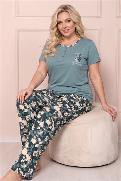 Kadın Bisiklet Yaka Kısa Kol Göğsü Desen Çiçek Baskılı Altı Uzun  Serin Tutan Viskon Kumaş Pijama Takımı