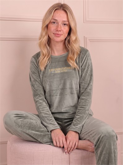 Crew Neck Magic Slogan Velvet Pajama Set KHAKI