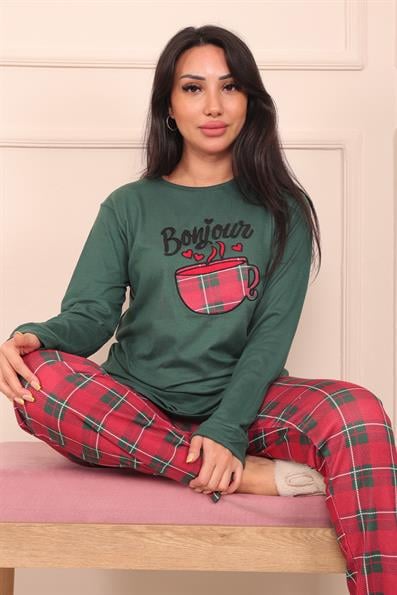 Kadın Bonjour Sloganlı ve Altı Ekose Desenli Termal Pijama Takımı