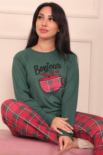Kadın Bonjour Sloganlı ve Altı Ekose Desenli Termal Pijama Takımı