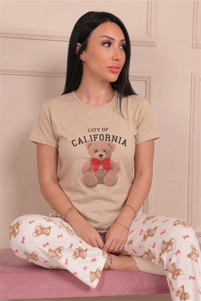 Kadın Calıfornıa Sloganlı Ayıcık Baskılı  Kısa Kollu Pijama Takımı