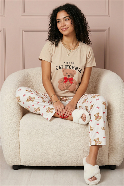 Kadın Calıfornıa Sloganlı Ayıcık Baskılı  Kısa Kollu Pijama Takımı
