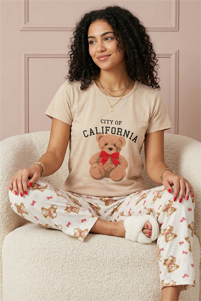 Kadın Calıfornıa Sloganlı Ayıcık Baskılı  Kısa Kollu Pijama Takımı