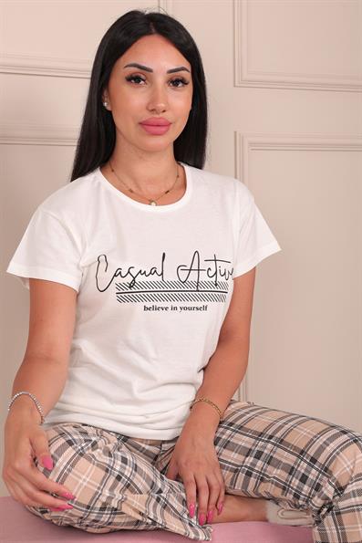 Kadın Casual Active Sloganlı Altı Ekose Desenli Kısa Kol Alt Uzun Pijama Takımı 