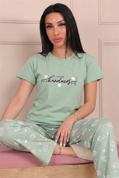 Kadın Choose Yazılı ve Altı Kalp Desenli Penye Kısa Kollu Pijama Takımı