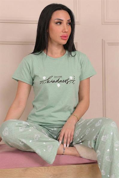 Kadın Choose Yazılı ve Altı Kalp Desenli Penye Kısa Kollu Pijama Takımı