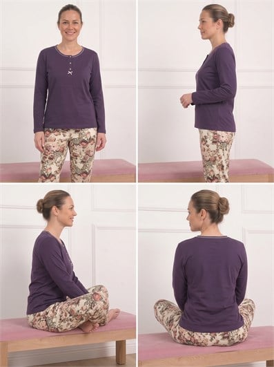 Kadın Çiçek Desenli Bisiklet Yaka Uzun Kol Altı Uzun Bambu Pijama Takımı