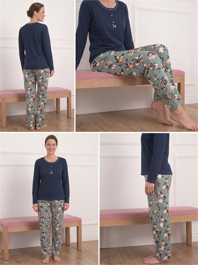 Kadın Çiçek Desenli Bisiklet Yaka Uzun Kol Altı Uzun Bambu Pijama Takımı