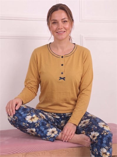 Kadın Çiçek Desenli Bisiklet Yaka Uzun Kol Altı Uzun Bambu Pijama Takımı