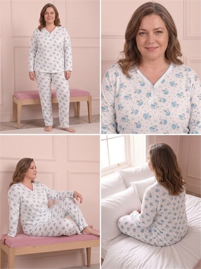 Kadın Çiçek Desenli Biye Yakalı Uzun Kollu Anne Penye Pijama Takımı
