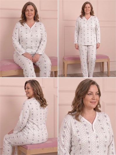 Kadın Çiçek Desenli Biye Yakalı Uzun Kollu Anne Penye Pijama Takımı