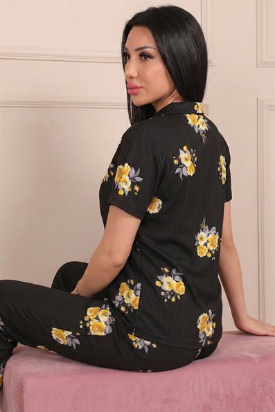 Kadın Çiçek Desenli Önü Düğmeli Kısa Kol Altı Uzun Pegasus Pijama Takımı