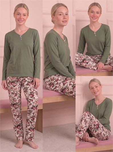Kadın Çiçek Desenli V Yaka Uzun Kol Altı Uzun Bambu Pijama Takımı