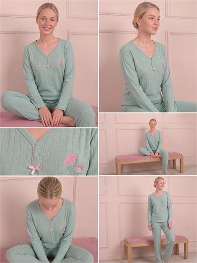 Kadın Çiçek İşlemeli Biye Yakalı Uzun Kol Altı Uzun Viskon Elegance Pijama Takımı