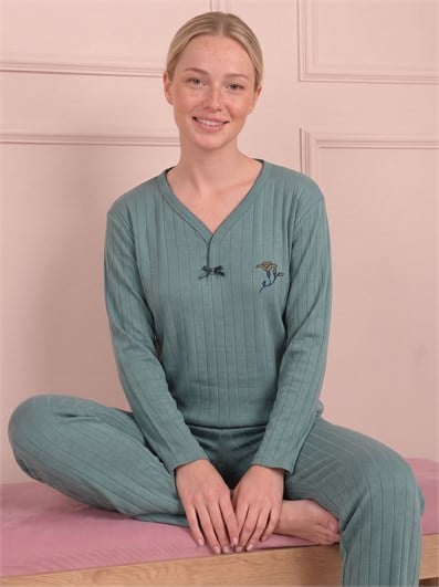 Kadın Çiçek İşlemeli Biye Yakalı Uzun Kol Altı Uzun Viskon Elegance Pijama Takımı