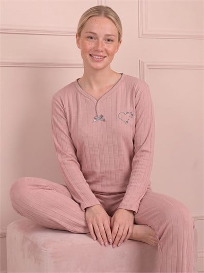 Kadın Çiçek İşlemeli Biye Yakalı Uzun Kol Altı Uzun Viskon Elegance Pijama Takımı