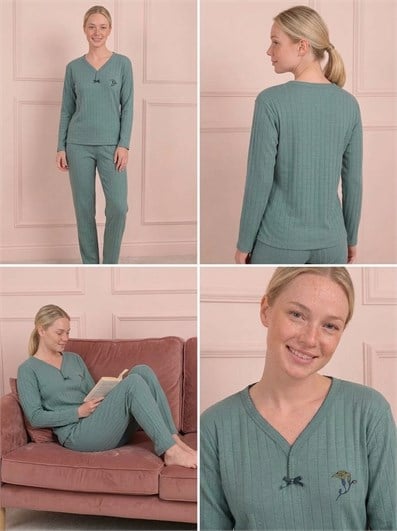 Kadın Çiçek İşlemeli Biye Yakalı Uzun Kol Altı Uzun Viskon Elegance Pijama Takımı