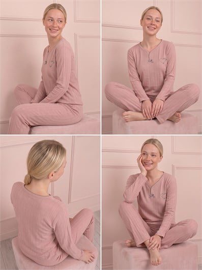 Kadın Çiçek İşlemeli Biye Yakalı Uzun Kol Altı Uzun Viskon Elegance Pijama Takımı
