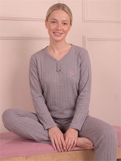 Kadın Çiçek İşlemeli Biye Yakalı Uzun Kol Altı Uzun Viskon Elegance Pijama Takımı
